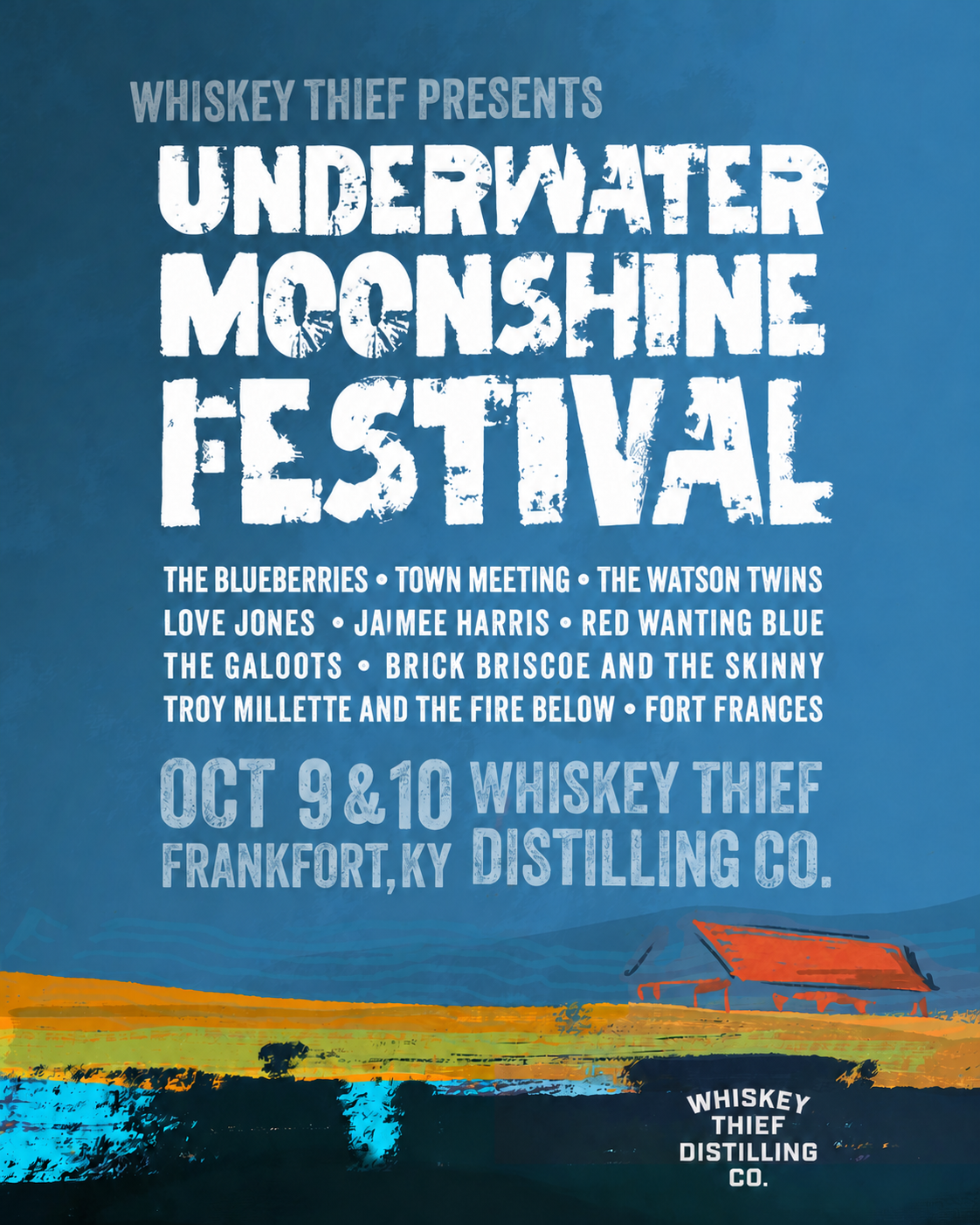 Underwater Moonshine Festival lineup poster for October 9 and 10, 2026 at Whiskey Thief Distilling Co. in Frankfort, Kentucky.